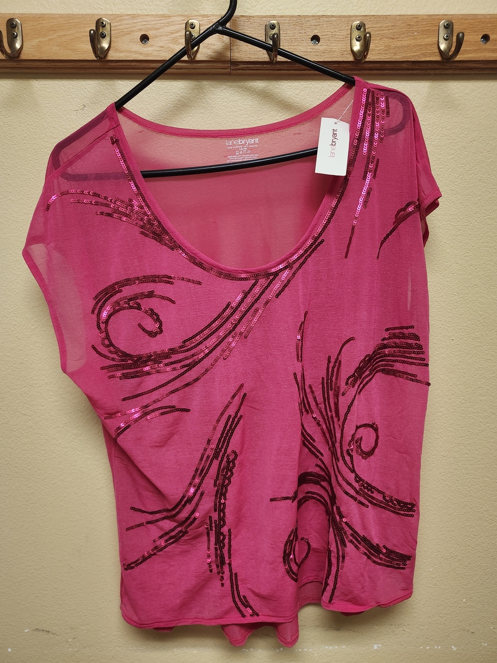 Lane Bryant Pink Sheer,Short Sleeve Sleeve Top With Sequined Swirls. Pink NWT